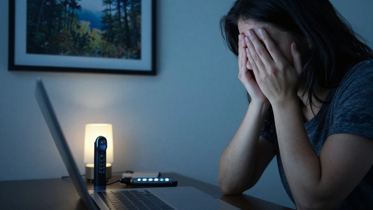 A woman&#039;s trembling hands typing on a laptop, pepper spray and burner phone beside her.