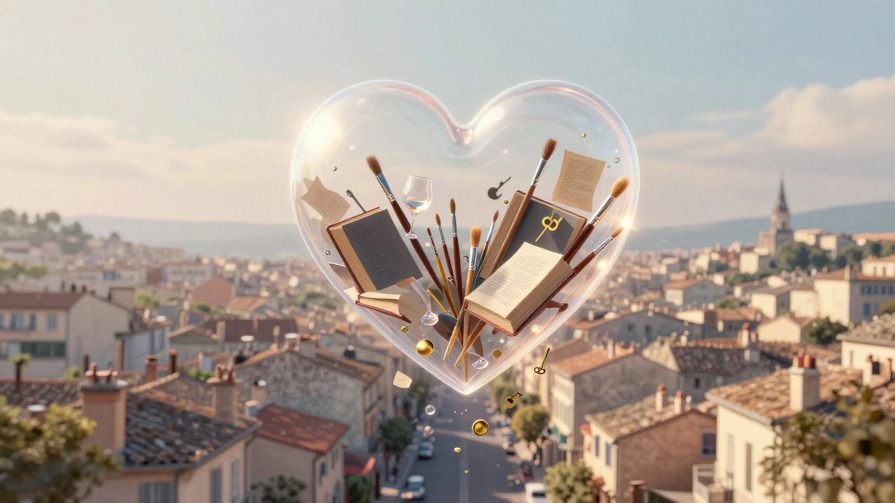 Ethereal heart-shaped light rising above Aix-en-Provence, symbolizing connection and personal freedom.