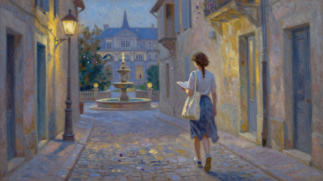 Woman walking through cobbled streets of Aix-en-Provence at dusk with a sketchbook and tote bag.